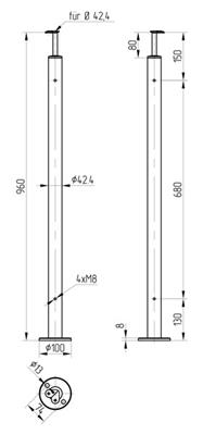 Rundpfosten aus V2A für Ecken zur Bodenmontage, mit starrem Träger und 4 Gewindebohrungen M8 für Glasklemmen