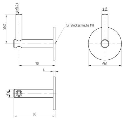 Handlaufträger V2A für Stockschraube M8, Anschluss für Rohr 42,4mm