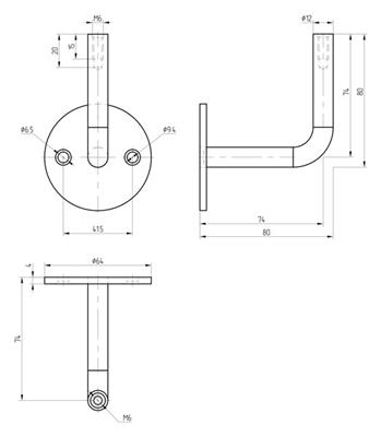 Handlaufträger V2A, 2-Loch-Ronde, mit Innengewinde M6