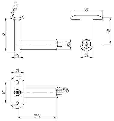 Handlaufträger V2A mit Distanzhülse, für Anschluss 42,4mm