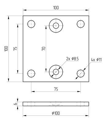 Wandplatte V2A, quadratisch, 6 Lochungen, 100x100mm