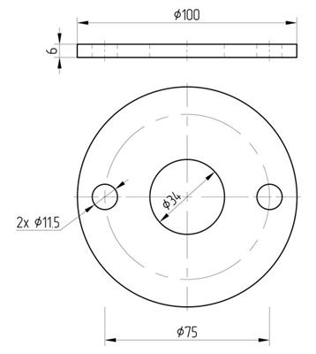 Ronde V2A, 3 Bohrungen, 100x6mm, für Rohr 33,7mm