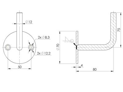 Handlaufträger-Set V2A, 2-Loch-Ronde 70x4mm, zum Anschweißen