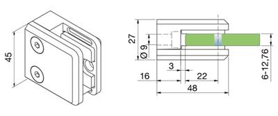 Glasklemme eckig für flache Profile, V4A massiv, für 10,00mm/10,76mm