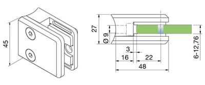 Glasklemme eckig für Ø 38-48mm, Zinkdruckguss, für 6,00mm/6,76mm