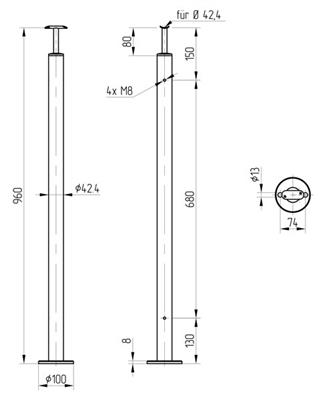 Rundpfosten V2A zur Bodenmontage, mit starrem Träger und 4 Gewindebohrungen M8