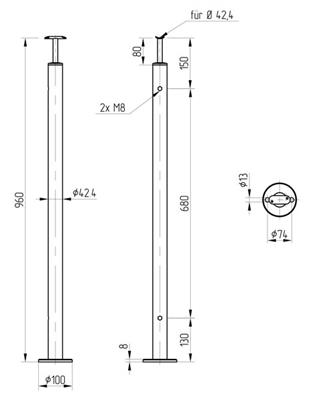 Rundpfosten V2A zur Bodenmontage, mit starrem Träger und 2 Gewindebohrungen M8