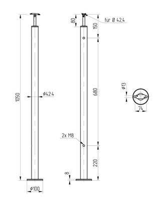 Rundpfosten V2A zur Bodenmontage, mit beweglichem Träger und 2 Gewindebohrungen M8