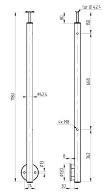 Rundpfosten V2A für seitliche Montage, mit starrem Träger und 4 Gewindebohrungen M8