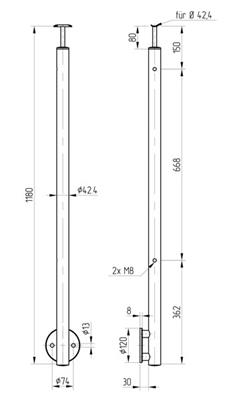 Rundpfosten V2A für seitliche Montage, mit starrem Träger und 2 Gewindebohrungen M8 rechts