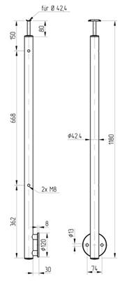 Rundpfosten V2A für seitliche Montage, mit starrem Träger und 2 Gewindebohrungen M8 links