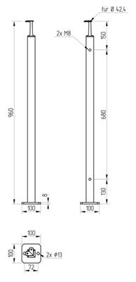 Quadrateckpfosten aus V2A zur Bodenmontage, mit starrem Träger und 4 Gewindebohrungen M8