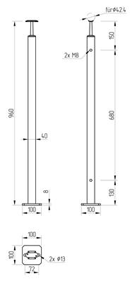 Quadratendpfosten aus V2A zur Bodenmontage, mit starrem Träger und 2 Gewindebohrungen M8