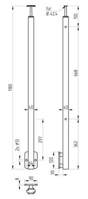 Quadratendpfosten aus V2A zur seitlichen Montage, mit starrem Träger und 2 Gewindebohrungen M8 rechts