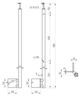Quadrateckpfosten aus V2A zur seitlichen Montage, mit starrem Träger und 4 Gewindebohrungen M8