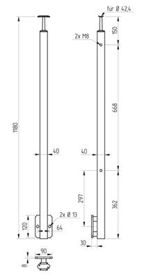 Quadratmittelpfosten aus V2A zur seitlichen Montage, mit starrem Träger und 4 Gewindebohrungen M8