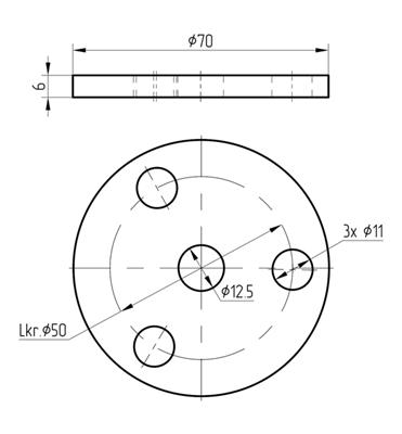 Ronde mit 3+1 Bohrungen (11mm+12,5mm), Größe 70x6mm