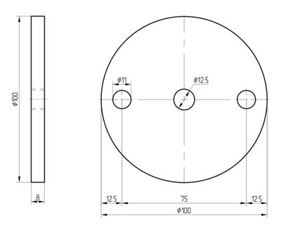 Ronde mit 2+1 Bohrungen (11mm+12,5mm), Größe 100x8mm