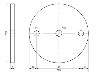 Ronde mit 2+1 Bohrungen (11mm+12,5mm), Größe 120x8mm