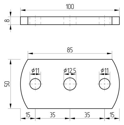 Ankerplatte mit 2+1 Bohrungen (11mm+12,5mm), Größe 100x50x8mm