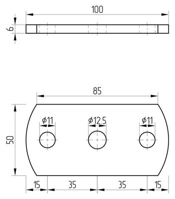 Ankerplatte mit 2+1 Bohrungen (11mm+12,5mm), Größe 100x50x6mm