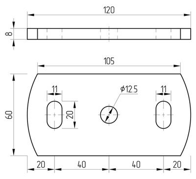 Ankerplatte mit 2+1 Bohrungen (11mm+12,5mm), Größe 120x60x8mm