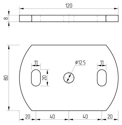 Ankerplatte mit 2+1 Bohrungen (11mm+12,5mm), Größe 120x80x8mm