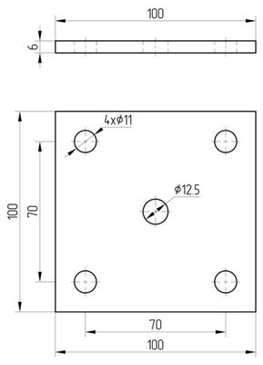 Ankerplatte mit 4+1 Bohrungen (11mm+12,5mm), Größe 100x100x6mm