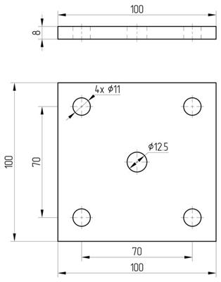 Ankerplatte mit 4+1 Bohrungen (11mm+12,5mm), Größe 100x100x8mm