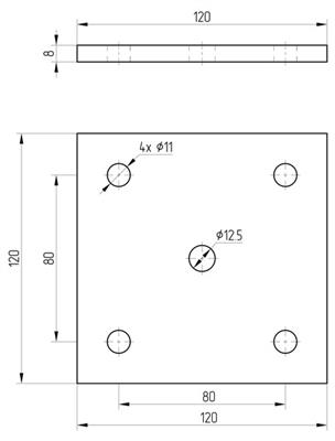 Ankerplatte mit 4+1 Bohrungen (13mm+12,5mm), Größe 120x120x8mm