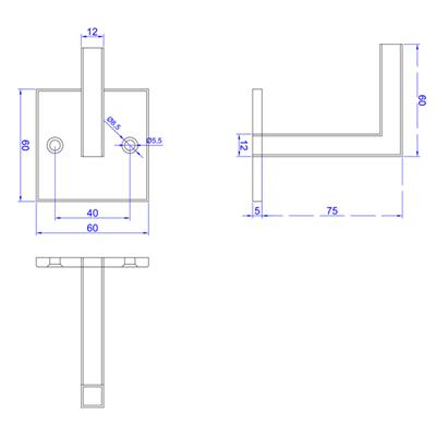 Handlaufträger aus Stahl roh, quadratisch, Wandplatte 60x60mm, mit 2 Bohrungen 5,5mm