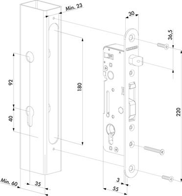 Einsteckschloss H-Metall, für flache Profile min. 60mm