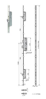 Spezialschloss mit Mehrfachverriegelung, 2170mm, inkl. 2 Hakenschwenkriegel