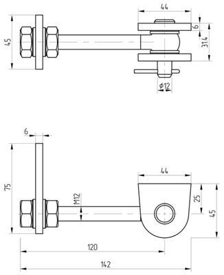 Torband aus Stahl, 180° verstellbar, M12 mit kurzer Lasche