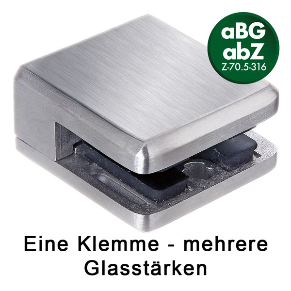 Glasklemme eckig für flache Profile, V4A massiv, für mehrere Glasstärken