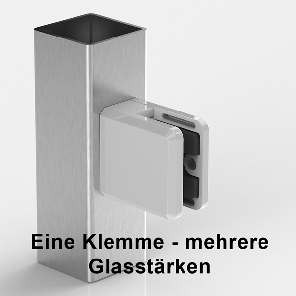 Glasklemme eckig für flache Profile, Zinkdruckguss RAL9016, für mehrere Glasstärken