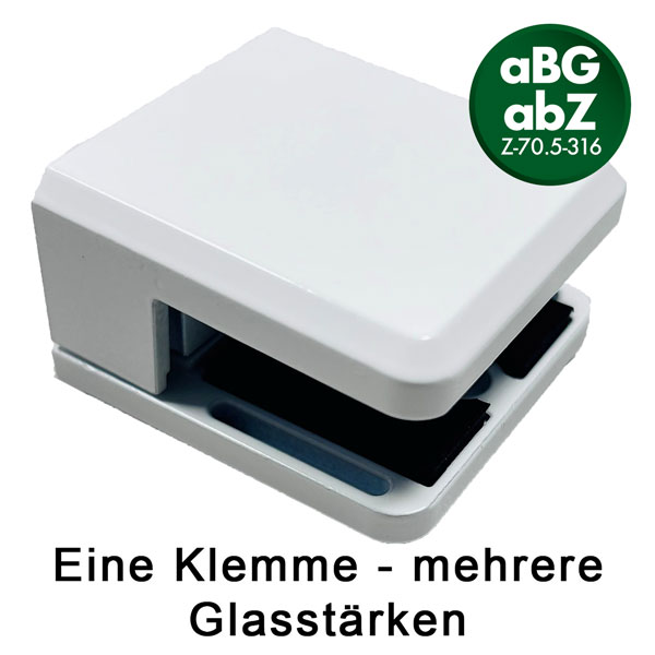 Glasklemme eckig für flache Profile, Zinkdruckguss RAL9016, für mehrere Glasstärken