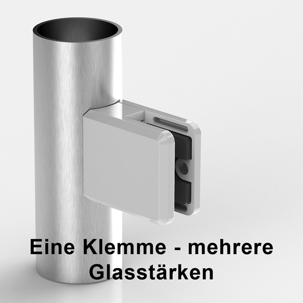 Glasklemme eckig für runde Profile, Zinkdruckguss RAL9016, für mehrere Glasstärken