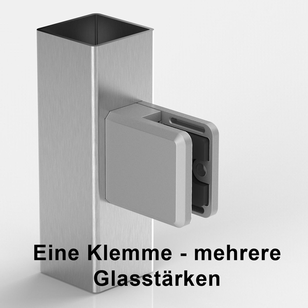 Glasklemme eckig für flache Profile, Zinkdruckguss grau/Alum.-Optik, für mehrere Glasstärken