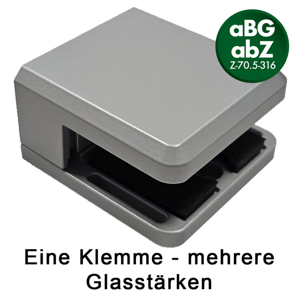 Glasklemme eckig für flache Profile, Zinkdruckguss grau/Alum.-Optik, für mehrere Glasstärken