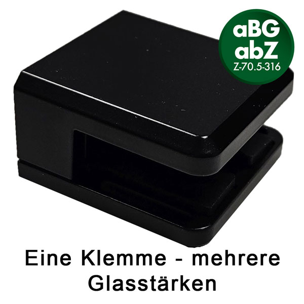Glasklemme eckig für flache Profile, Zinkdruckguss RAL9005, für mehrere Glasstärken