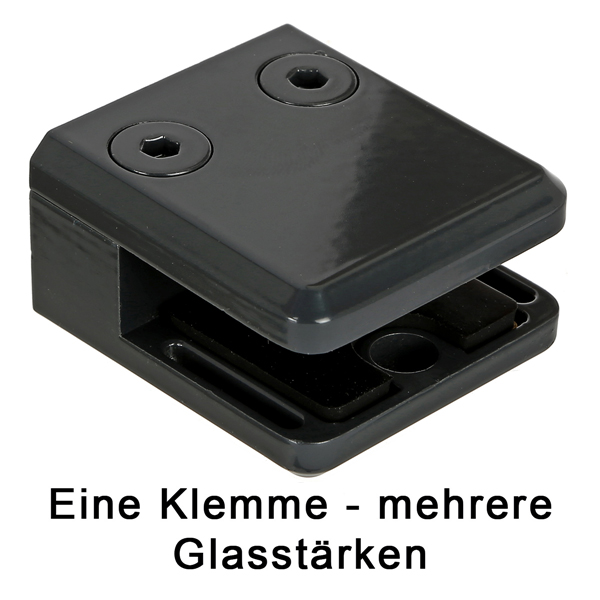 Glasklemme eckig für flache Profile, Zinkdruckguss RAL9005, für mehrere Glasstärken