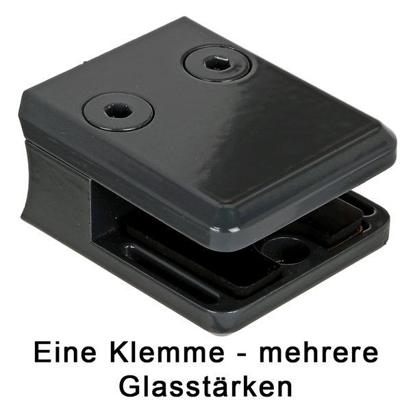 Glasklemme eckig für runde Profile, Zinkdruckguss RAL9005, für mehrere Glasstärken