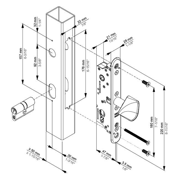 Schiebetor-Einsteckschloss FIFTYLOCK-LS, für Vierkantprofile min. 50mm
