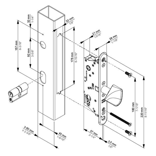 Schiebetor-Einsteckschloss SIXTYLOCK-LS, für Vierkantprofile min. 60mm