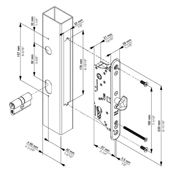 Schiebetor-Einsteckschloss SIXTYLOCK-S, für Vierkantprofile min. 60mm