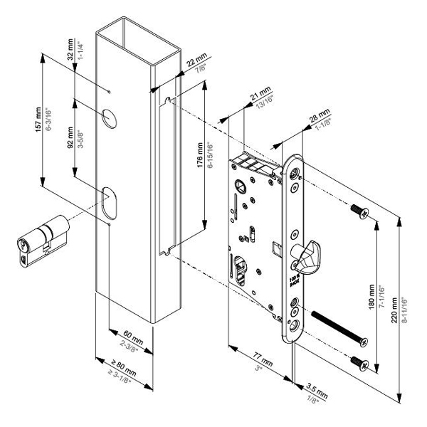 Schiebetor-Einsteckschloss EIGHTYLOCK-S, für Vierkantprofile min. 80mm